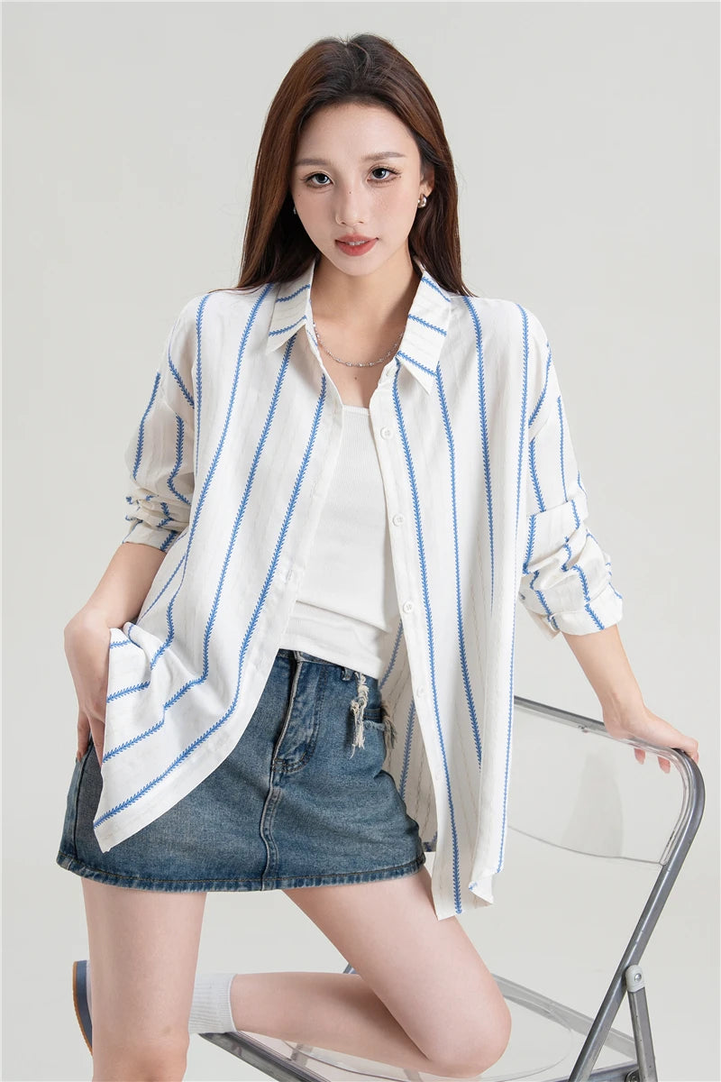 Korean Loose Striped Shirt Women Autumn Casual Blouse Oversized Long Sleeve Turn Down Collar Top French Chic Office Lady Clothes