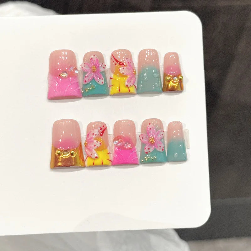10pcs French Duck Bill Fake Nails 3D Heart Ruby Nail Art Metal Rhinestone Handmade Press on Nails Luxurious Romantic False Nails