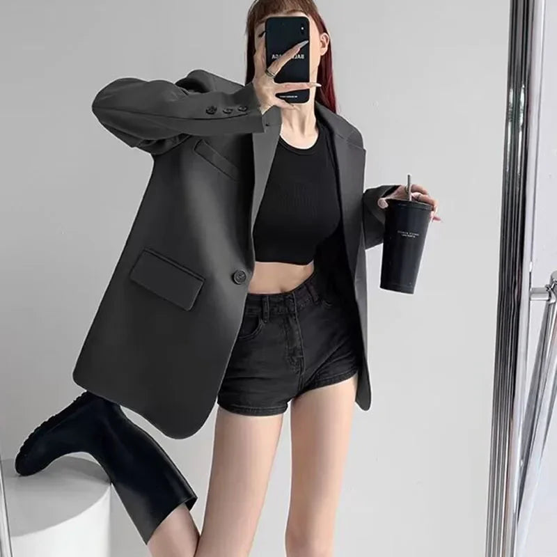 Lucyever Vintage Women's Blazer Fashion Streetwear Loose Long Sleeved Blazers All-Match Casual Single Button Office Lady Coat