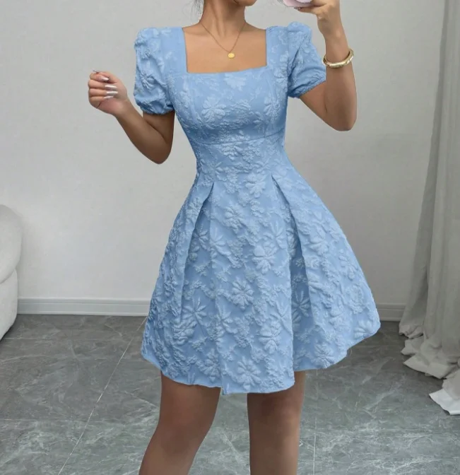 Smvp Ladies' light blue jacquard A-line dress, square neck, puffed sleeves, high waist, elegant and casual short dress