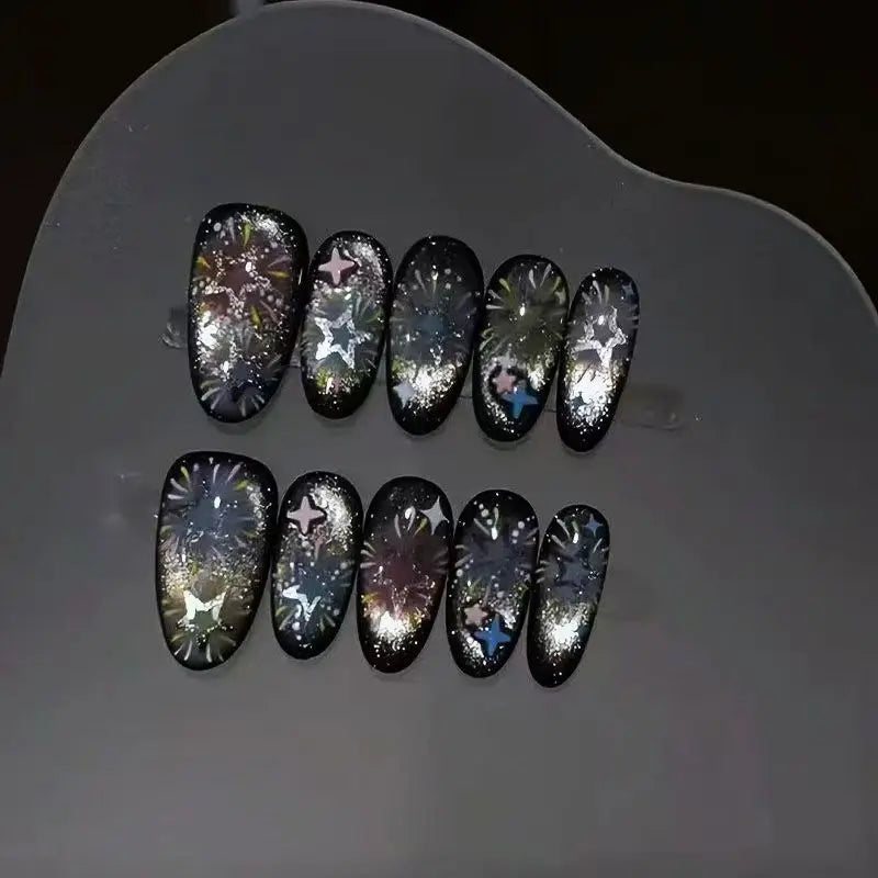 30Pcs Short Round Press On Nails Cat Eye Fake Nails With 3D Pink Star White Star Print Pink Polka Dot Full Cover False Nail