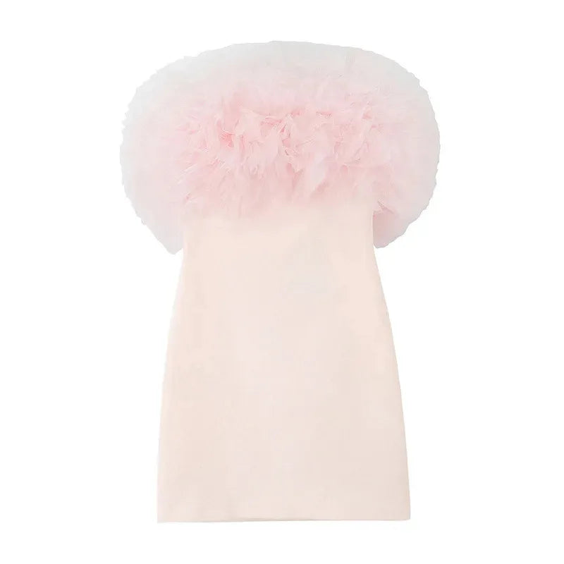 Women's Off-Shoulder Tulle Mini Dress Fashion Party Zipper Back Elegant Gown Vestidos Mujer