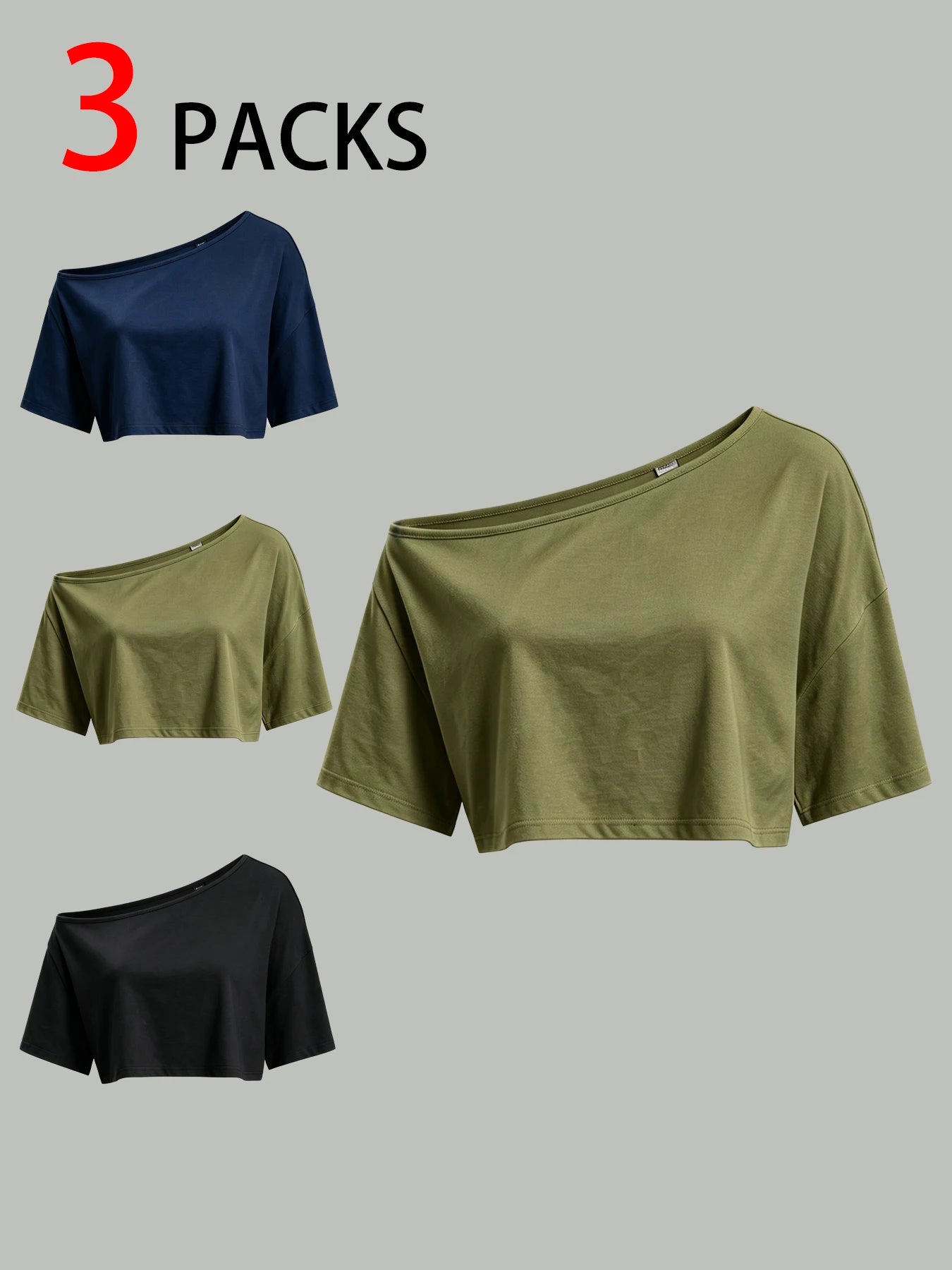 3Pcs Women Off Shoulder Loose Short Sleeve Cropped T Shirt Y2K Basic Casual Daily Streetwear Crop Tops