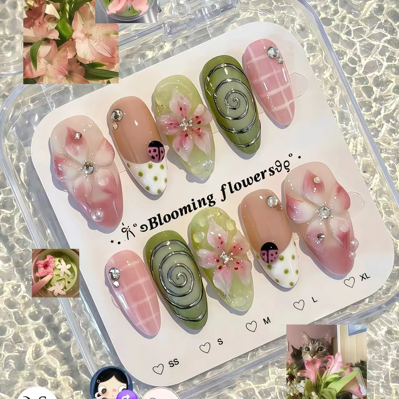 24PCS Sweet Purple Gradient French False Nails with Glue 3D Flowers Butterfly Ripples Almond Press on Nails Aurora Nails Patches
