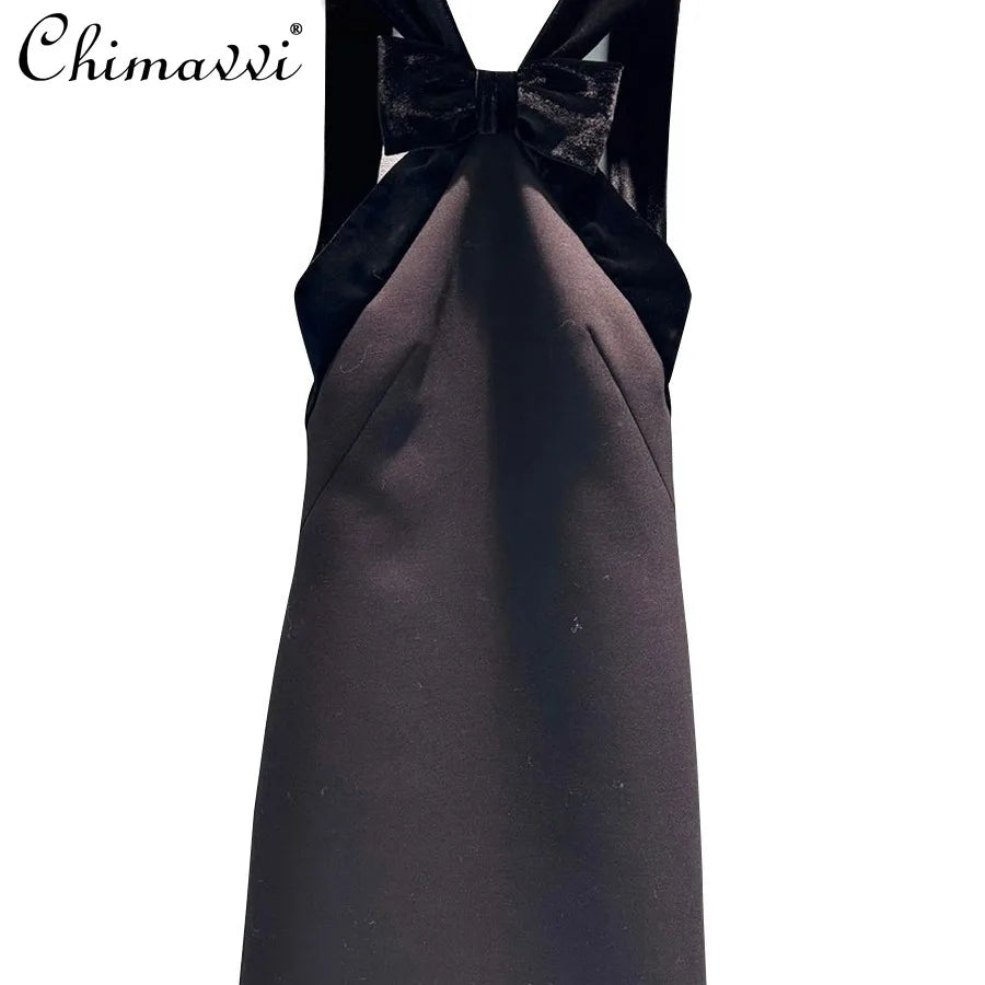 High-end Fashion Velvet Bow Splicing Dress 2025 Summer New Sexy Girl Backless Annual Meeting Gown Dress Mini Womens Dresses