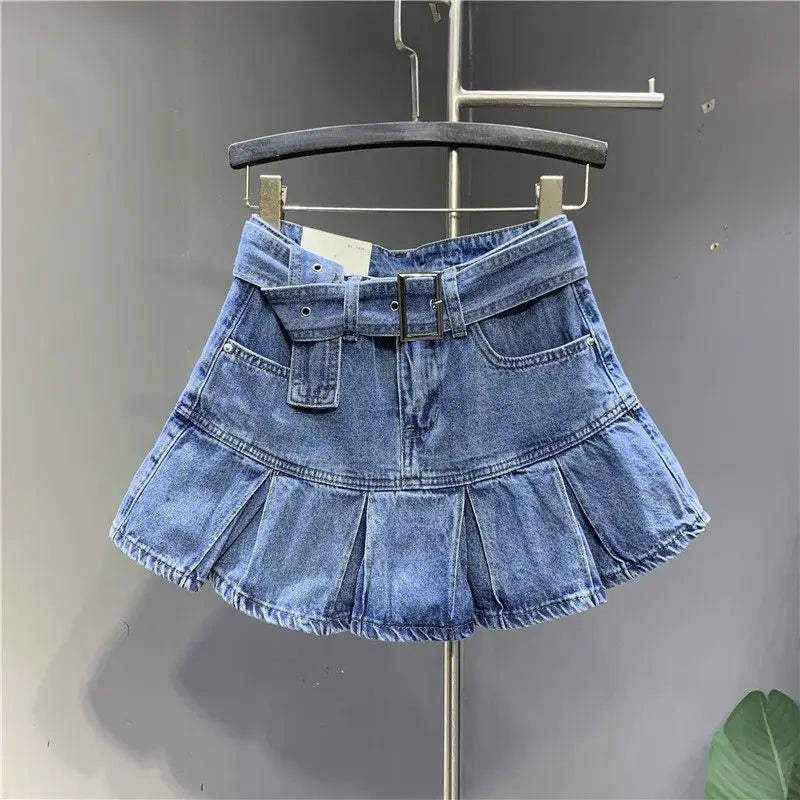 Sweet Fresh Pink Denim Skirt for Women Summer Fashion New Pleated A-line Skirts Casual All-match High Waist Faldas Sexy Mujer