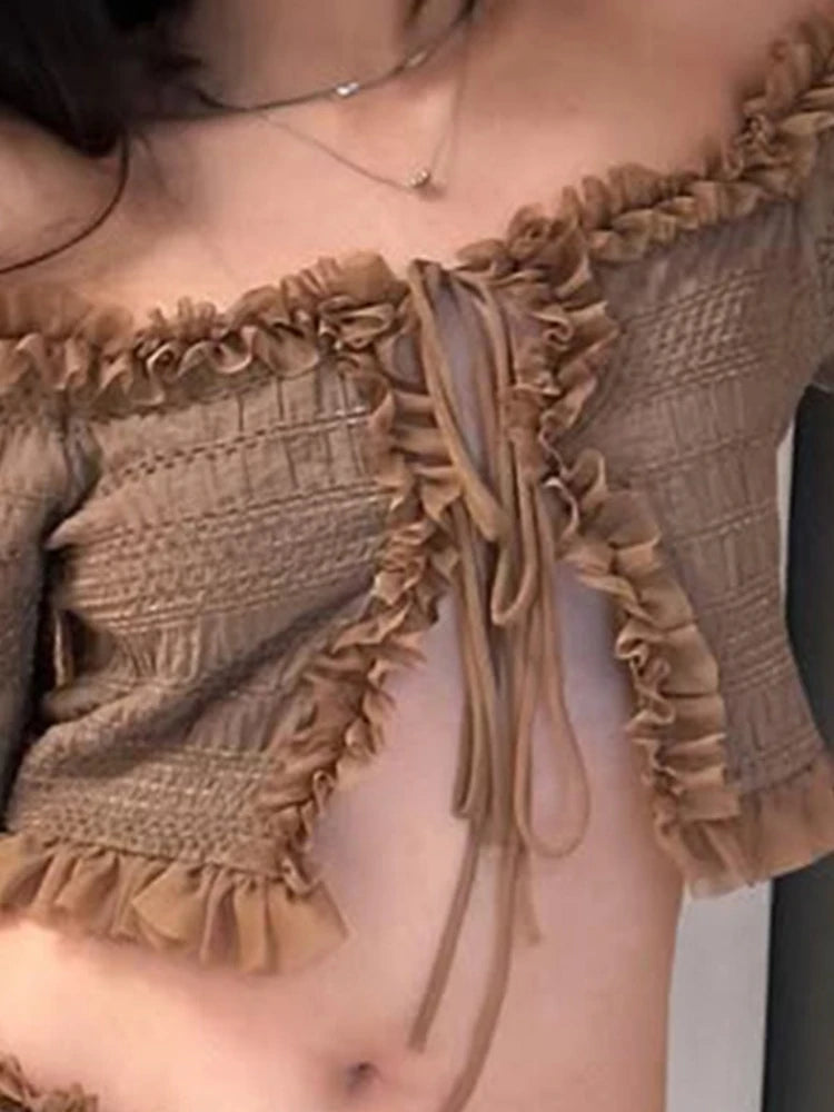 Korobov Y2k Sexy Summer Fashion Slash Neck Bandage Flare Sleeves Ruffles Sweet Streetwear T-shirt