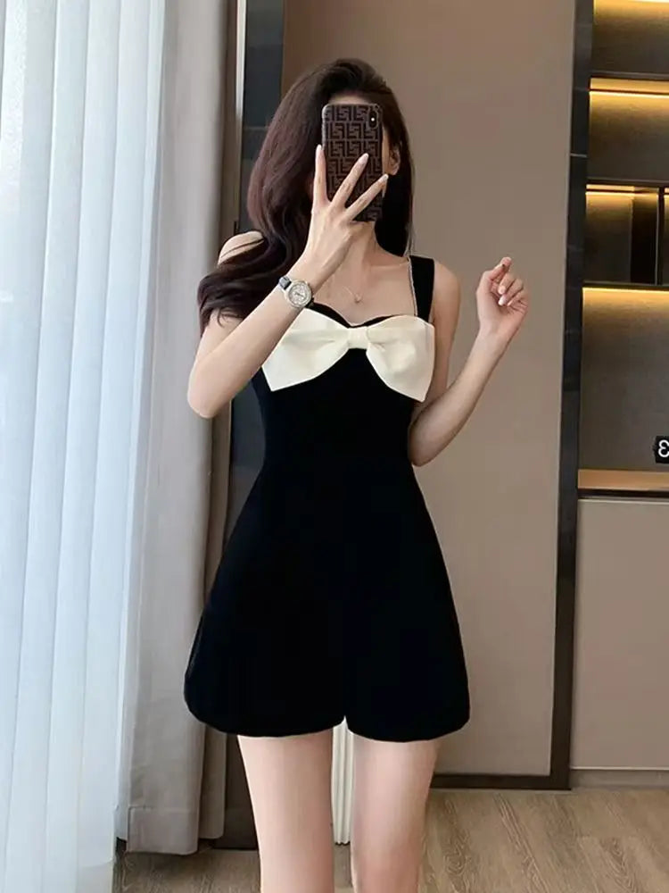2026 Summer Jumpsuit for Women Black Bow Tie High Waist Wide Leg Short Romper Elegant Sleeveless Casual Sets