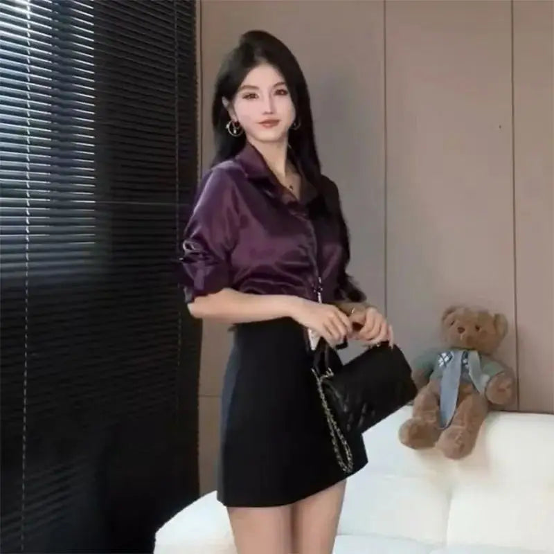 Autumn New Shirts & Blouse Women Solid Color Long Sleeve Satin Tops Thin Office Lady Clothes High-end Korean Female Shirt 2025