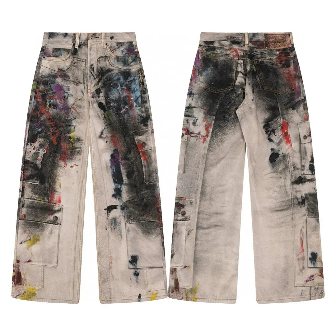 Vintage Graffiti Printed Jeans Women High Waisted Baggy Wide Leg Pants y2k Punk Trousers Fashion Pocket High Street Denim Pants