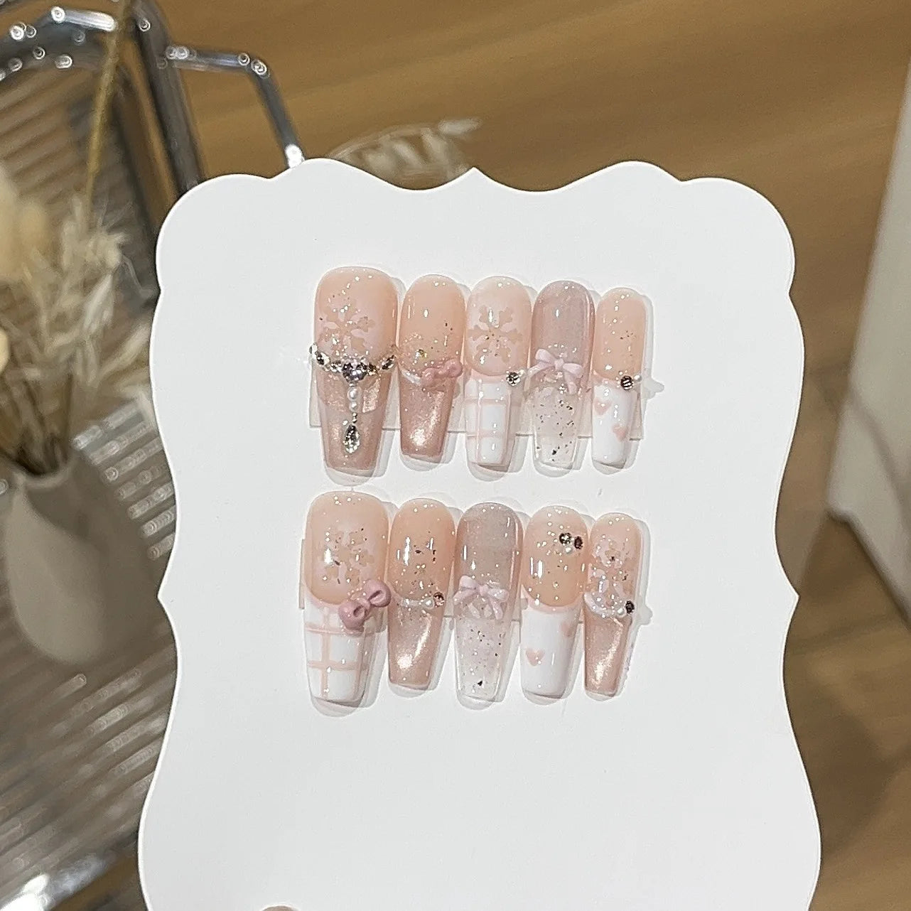 10pcs Cute Medium French Ballet Nails Cartoon Graffiti Pentacle Stripes Handmade Press on Nails Wearable Fashion Fake Nails Tip
