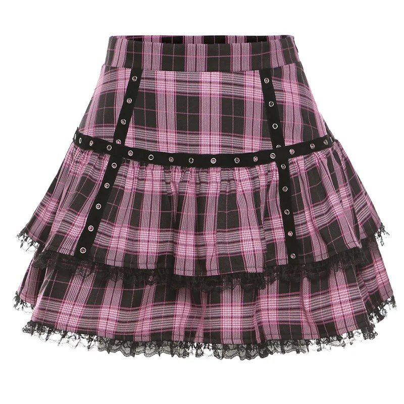 Mall Goth Gothic Lace Ruffle Mini Skirts Womens Harajuku Fairy Grunge Pink Plaid Pleated Skirt Japanese Lolita Streetwear