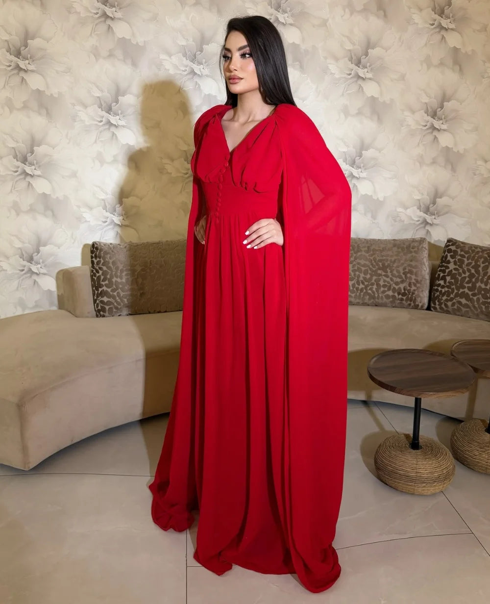 Chiffon Pleated Button A-Line V-Neck Half Sleeve Prom Dress | Inspired by Meryem Uzerli