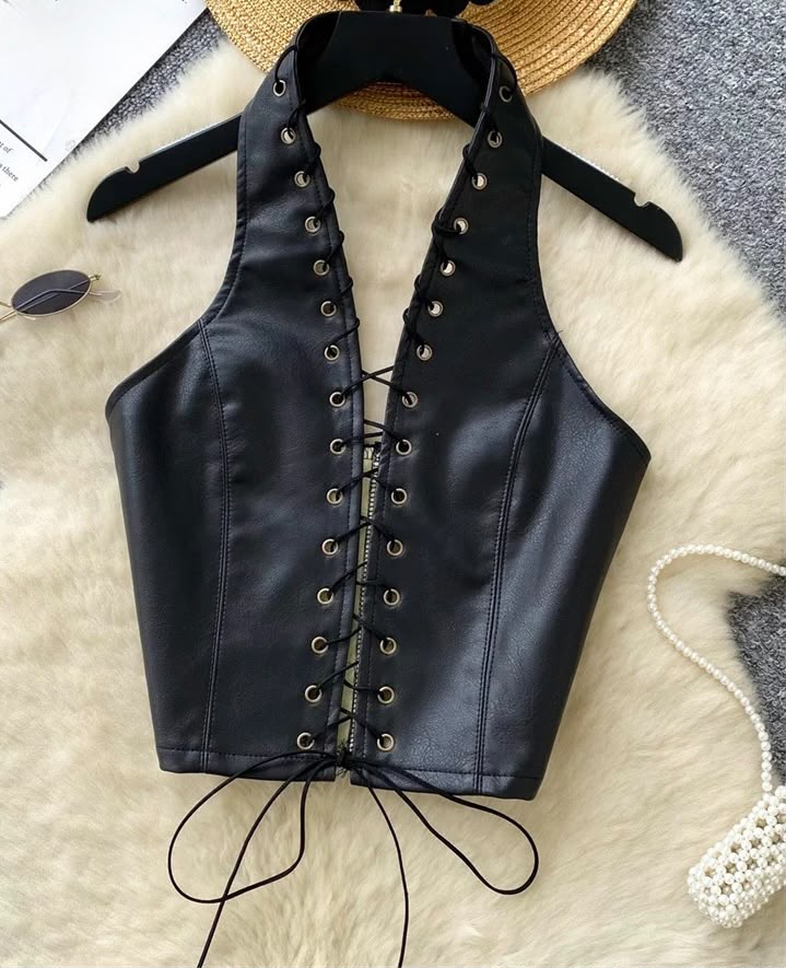 PU Leather Lace-Up Halter Tank Top | Inspired by Zeynep Oktay