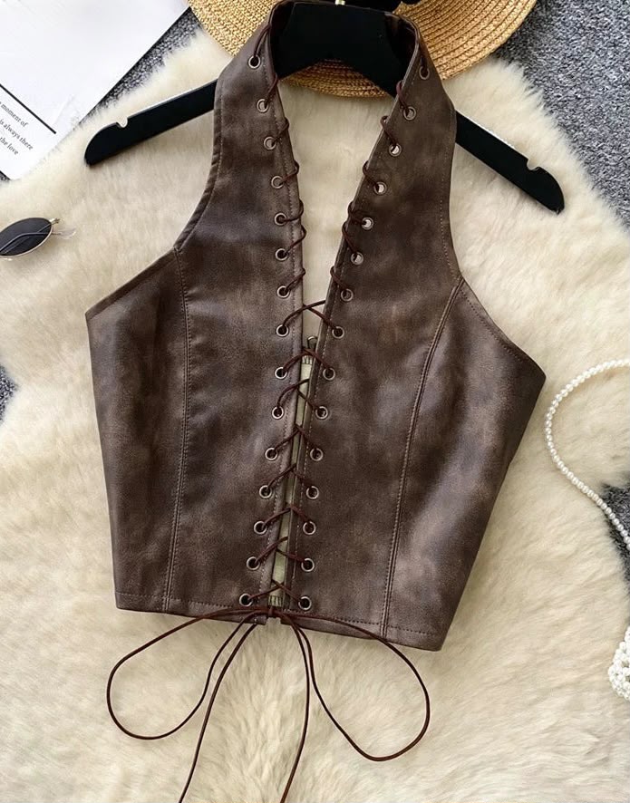 PU Leather Lace-Up Halter Tank Top | Inspired by Zeynep Oktay