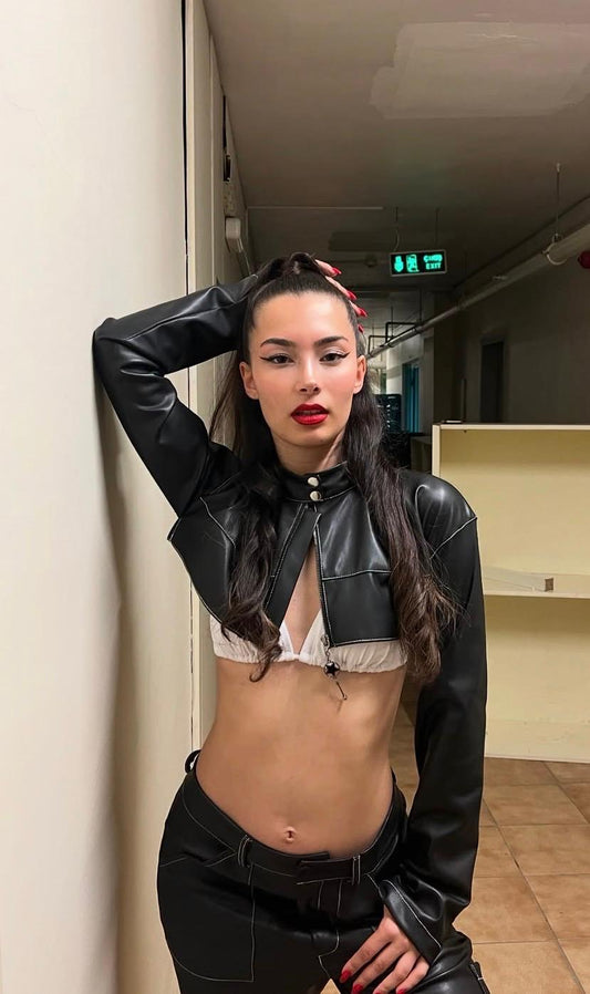 Sexy black PU leather crop jacket women fall gothic outerwears coat jackets for woman clothing long sleeve tops coats streetwear