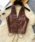 PU Leather Lace-Up Halter Tank Top | Inspired by Zeynep Oktay