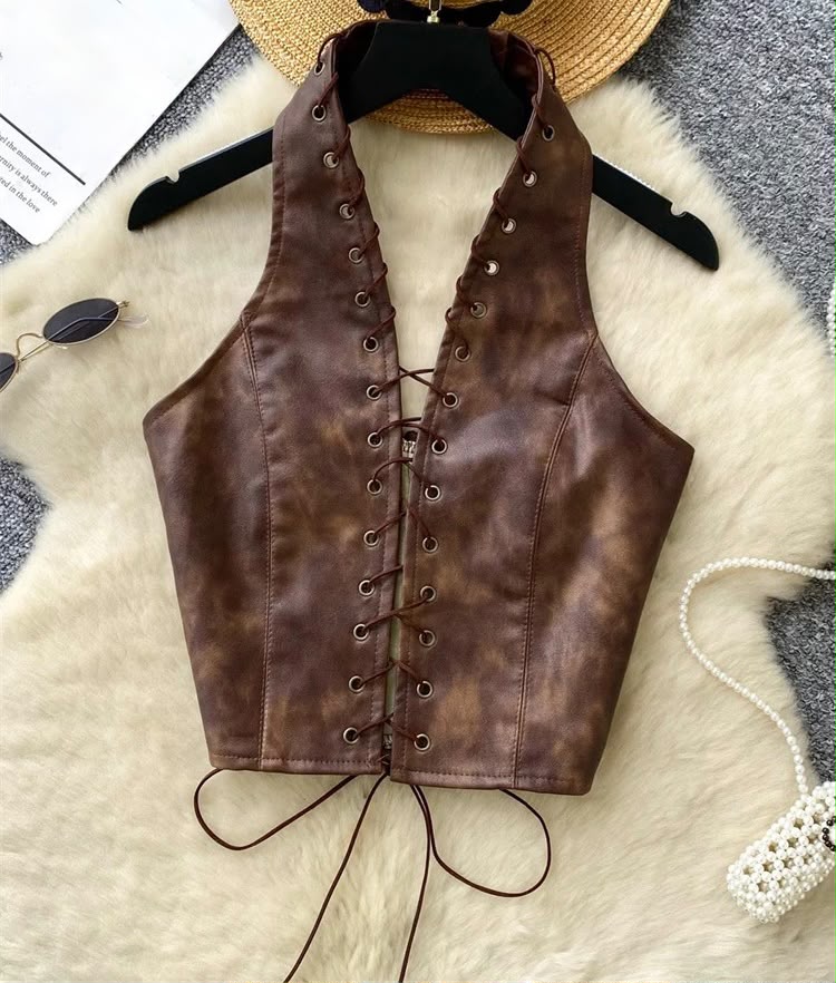 PU Leather Lace-Up Halter Tank Top | Inspired by Zeynep Oktay
