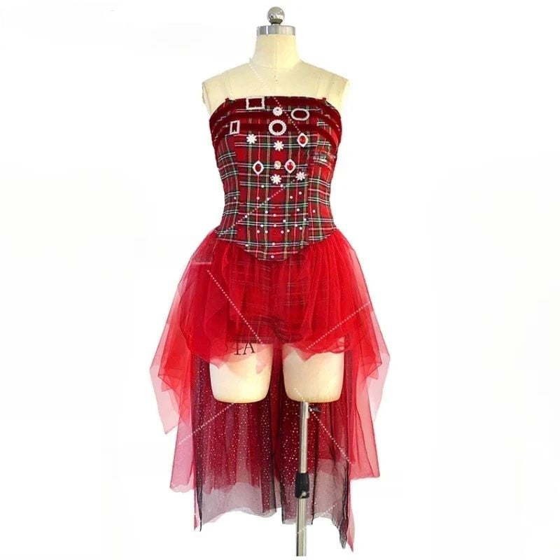 Red Mesh Plaid Long Dress | Inspired by Aespa