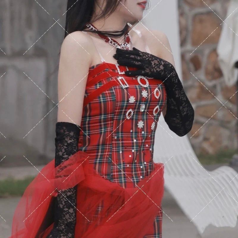 Red Mesh Plaid Long Dress | Inspired by Aespa
