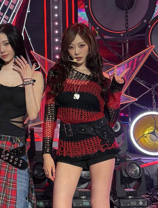 PUNK RAVE Women's Punk Broken Pullover Striped Sweater Gothic Visual Kei Fashion Daily Loose Tops Women Clothing