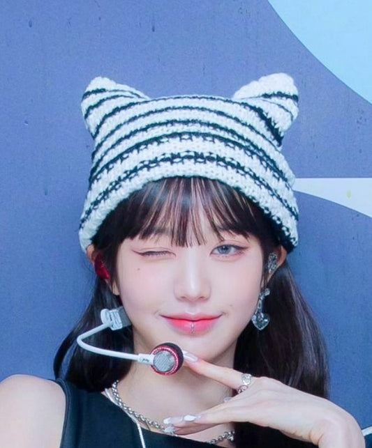 New Japanese Streetwear Harajuku Beanie Little Devil Striped Knitted Hat Women Girls Autumn Winter Cute Cat Ears Cap