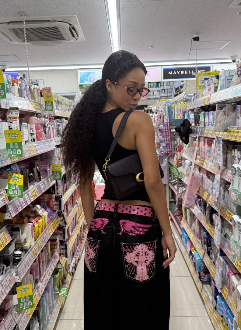 Gothic Cross Rhinestone Wide Leg Jeans Unisex Black Denim Pants Pink Wing Embroidery Oversized Streetwear Y2K Trousers