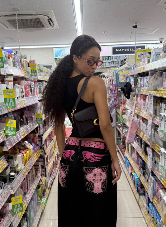 Gothic Cross Rhinestone Wide Leg Jeans Unisex Black Denim Pants Pink Wing Embroidery Oversized Streetwear Y2K Trousers