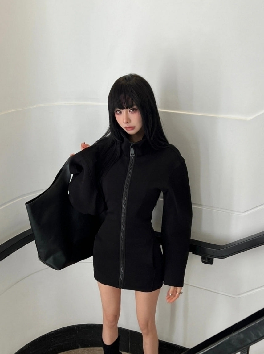 Japanese Harajuku style hot girl Y2K retro stand up collar big zipper black elastic body women's hoodie autumn hot girl tops emo
