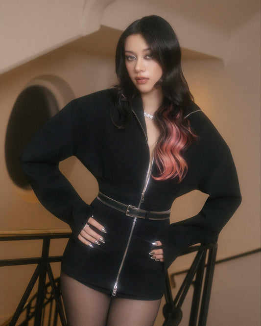 Japanese Harajuku style hot girl Y2K retro stand up collar big zipper black elastic body women's hoodie autumn hot girl tops emo