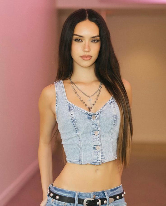 Retro Blue V-Neck Denim Vest Short Single-Buckle Sleeveless Cowboy Top Women's Fashion Vintage Style