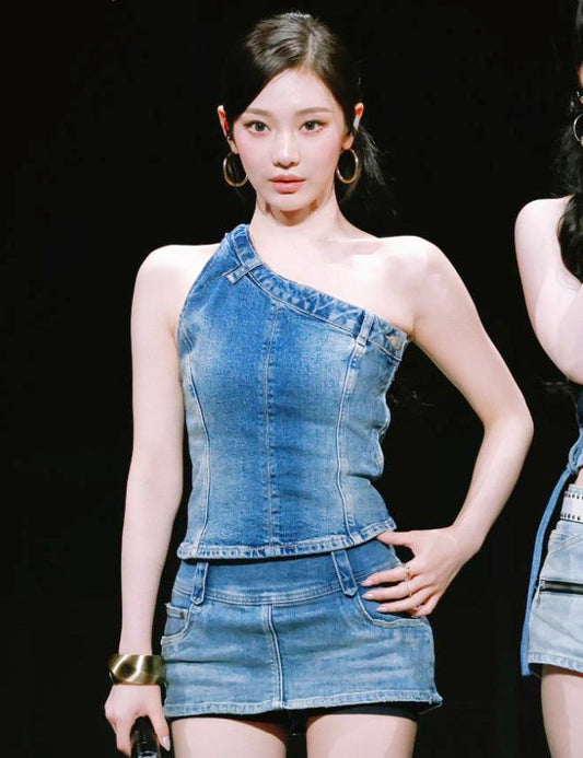 Women Top Off Shoulder Sleeveless Bustier Tops 2026 Summer Lady Elegant Street Wear TankBlue Backless Denim Corset Crop