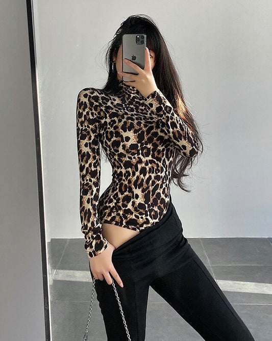 Women Long-sleeved Leopard Print Crops Tops INS New Fashion Casual Slim T-shirts Ladies Turtleneck Pullover Ice Silk Top Tees