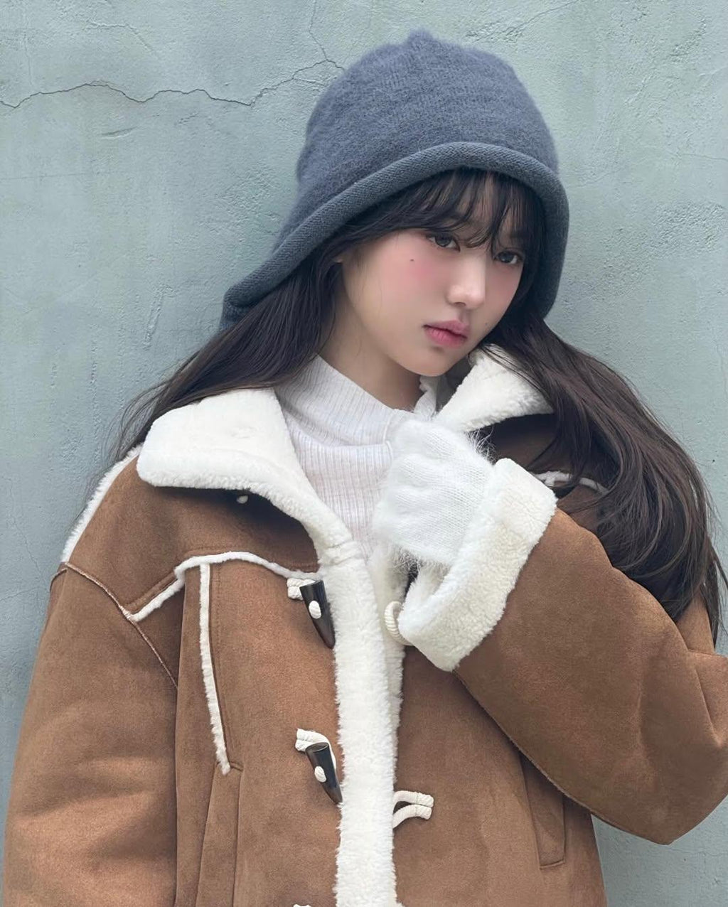 Cow Horn Button Hooded Lamb Fur Short Jacket | Inspired by Wonyoung