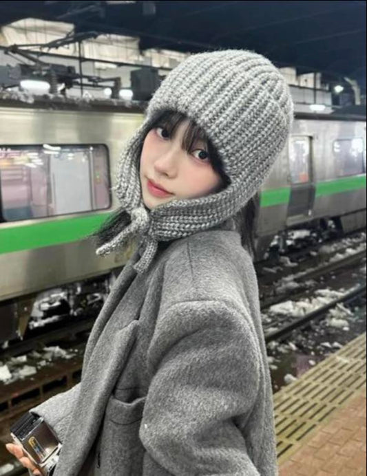 Grey Thickened Knitted Hat With Ear Protection For Women New Autumn And Winter Style Warm And Slimming Versatile Beanie