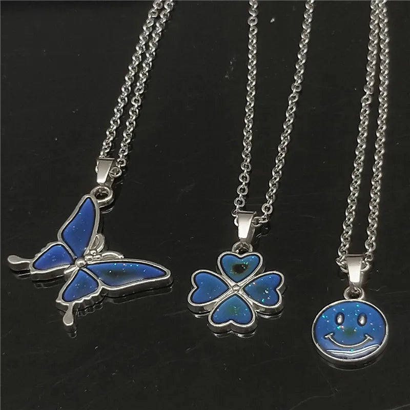 Cute Color Changes To Temperature Enamel Butterfly Smile Pendant Necklace Women Girls Clover Choker Female Party Gift