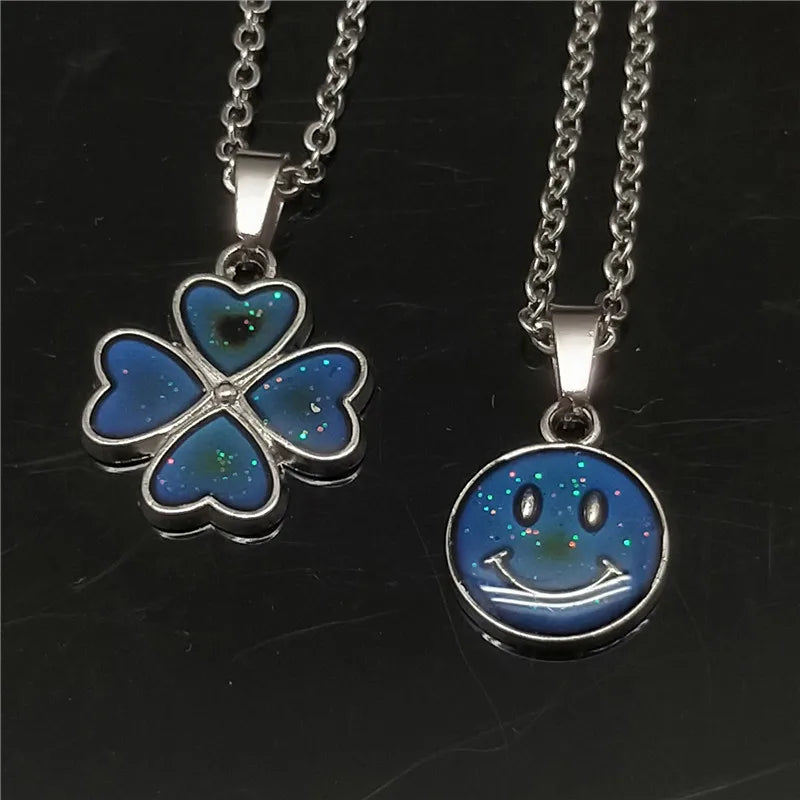 Cute Color Changes To Temperature Enamel Butterfly Smile Pendant Necklace Women Girls Clover Choker Female Party Gift