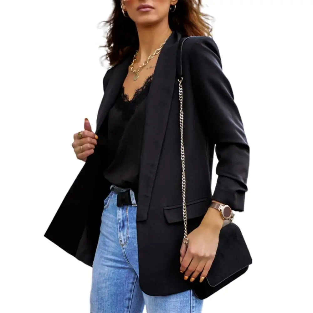 Lapel Slim Fit Open Front Long Sleeve Solid Blazer Coat | Inspired by Neslihan Atagül