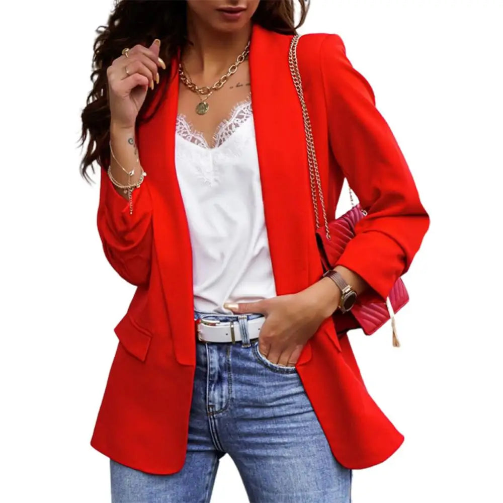 Lapel Slim Fit Open Front Long Sleeve Solid Blazer Coat | Inspired by Neslihan Atagül