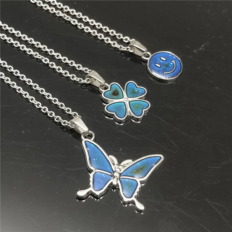 Cute Color Changes To Temperature Enamel Butterfly Smile Pendant Necklace Women Girls Clover Choker Female Party Gift