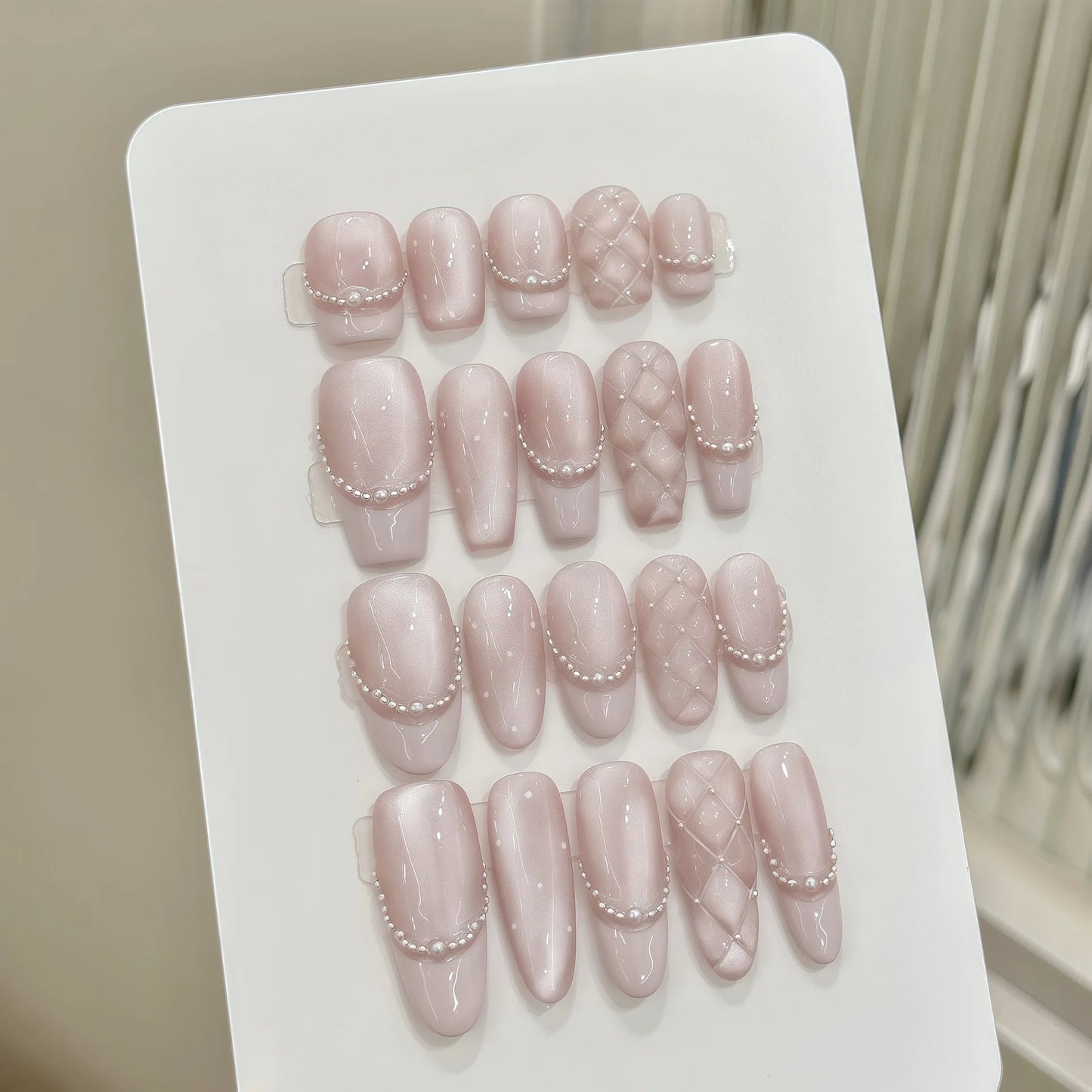 Handmade Sweet Diamond Grid Decor Press on Nails French Shiny Pink Cat Eye Fake Nails Wearable Reusable Korean Bride False Nails