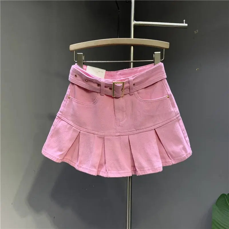 Sweet Fresh Pink Denim Skirt for Women Summer Fashion New Pleated A-line Skirts Casual All-match High Waist Faldas Sexy Mujer