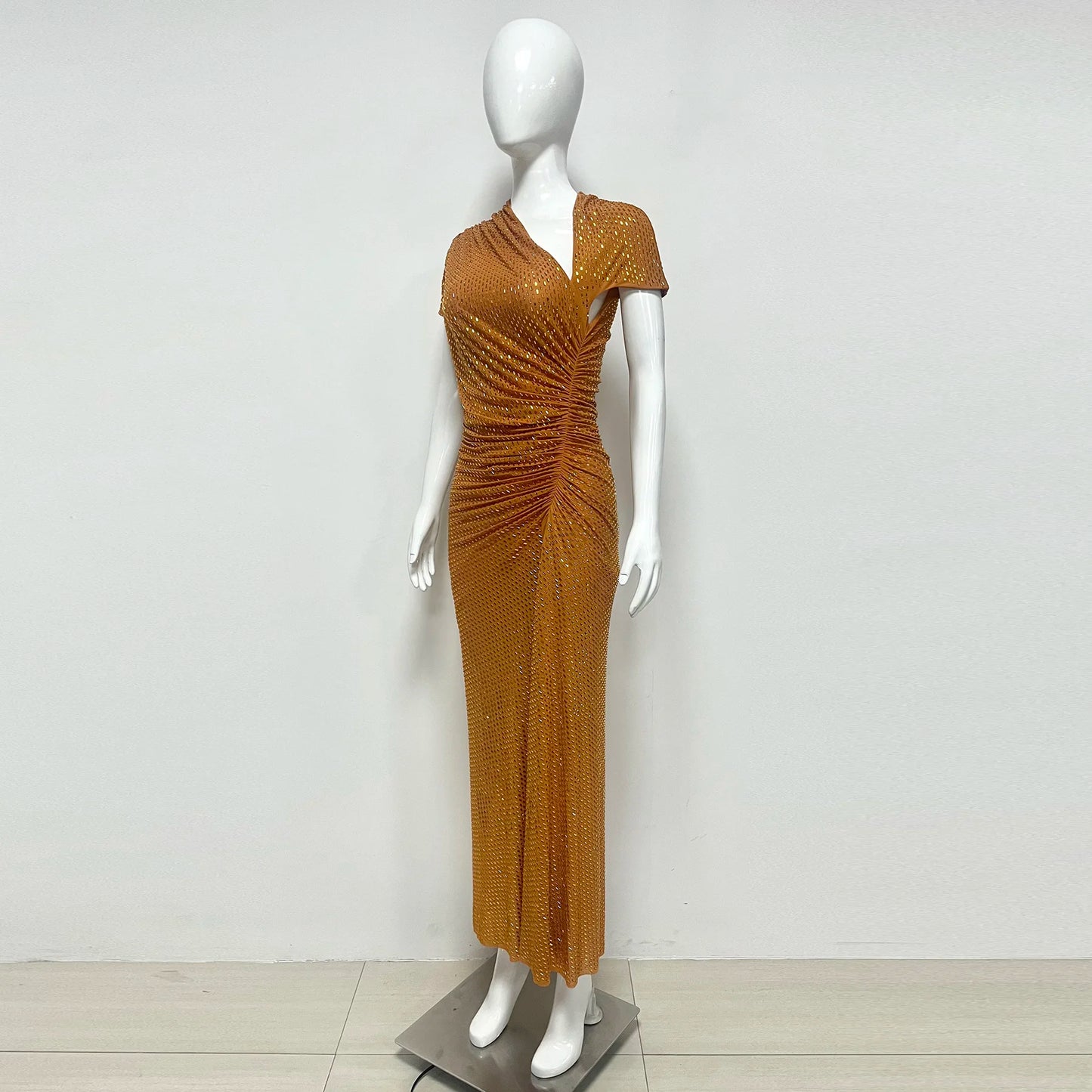 Short Sleeve Slim Fit Sequined Pleated Sheath Mid-Calf Evening Party Dress | Inspired by Beren Saat