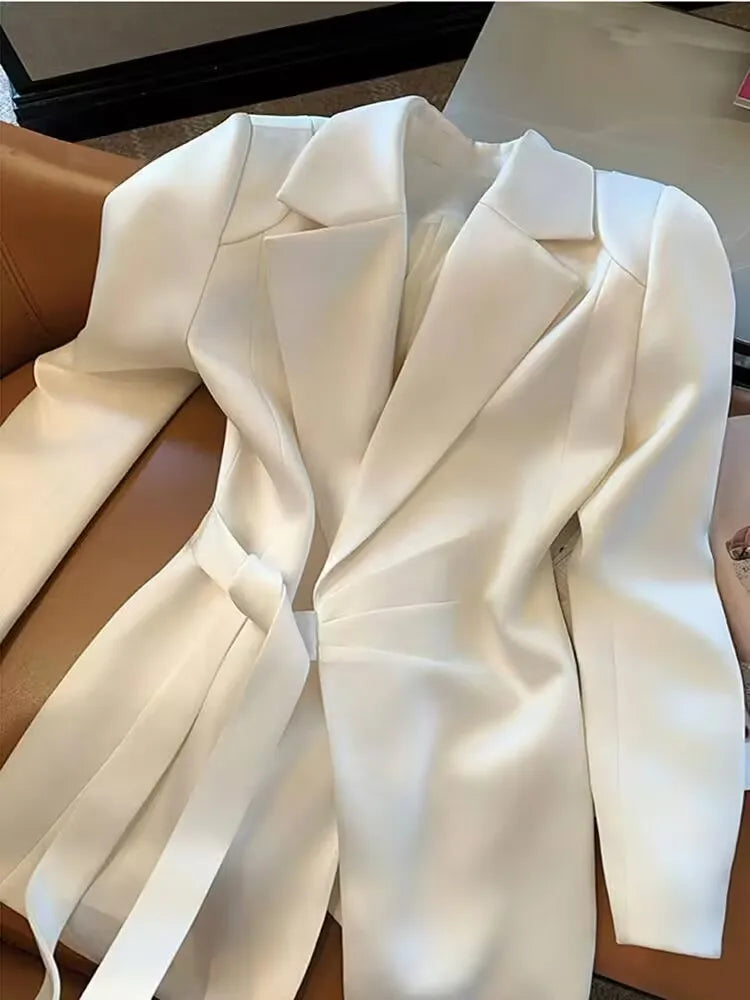 Solid Color 2026 Autumn New Korean Style Slimming Belted Blazer with Waist-Cinching Design for Women Lace-Up Jacket White Black