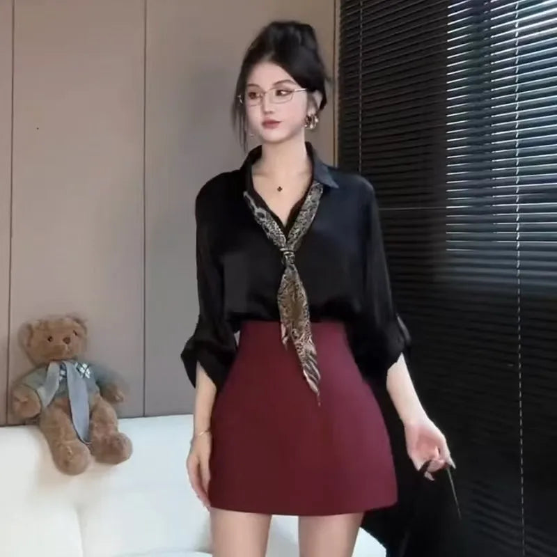 Autumn New Shirts & Blouse Women Solid Color Long Sleeve Satin Tops Thin Office Lady Clothes High-end Korean Female Shirt 2025
