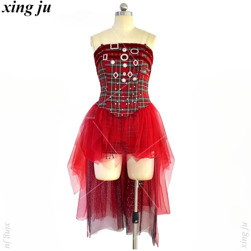 2025 Summer Korean Singer Party Dance Clothing Hip Hop Red Mesh Plaid Long Dress Nightclub DJ Sexy Festival Stage Rave Outfits