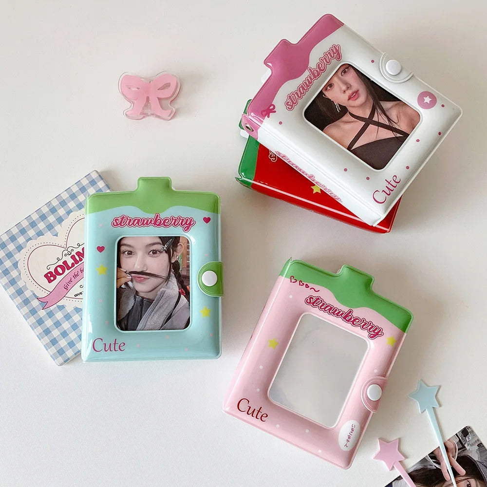 Kawaii Fashion Strawberry Cartoon 3-Inch Card Album Cute Girls Idol Photo Storage Display Card Holder Student Mini Card Bag Gift
