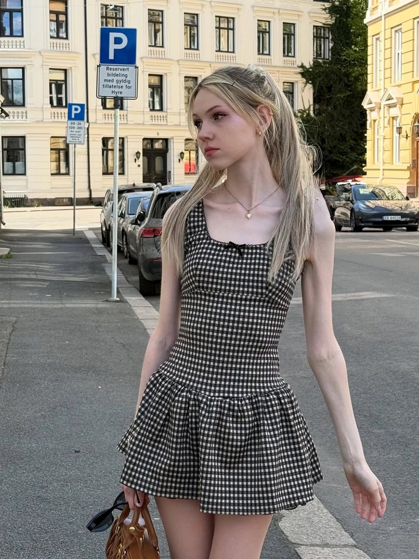 Hugcitar Women'S Elegant Plaid Print Sundress Straps Tie Bow Sexy Zipper Pleated Mini Dress Summer Fashion Party Holiday Outfit