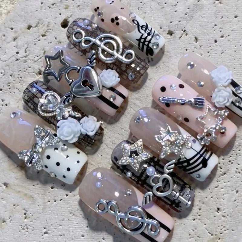10PCS Musical Notes Retro Vintage Nail Art Y2K Gyaru French Handmade Press on Nails 3D Rose Lock Bow Pink Fake Nails Cute