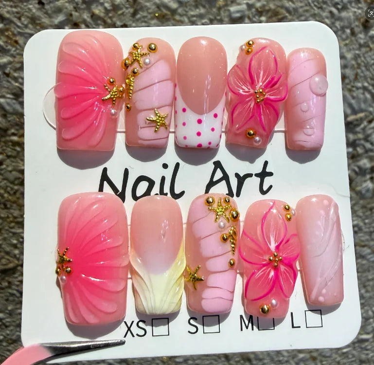 10pcs Dreamy Ocean Press on Nails 3D Flower Pearl Starfish Nail Art Gradient French False Nails Sweet Cool Square Fake Nails Tip